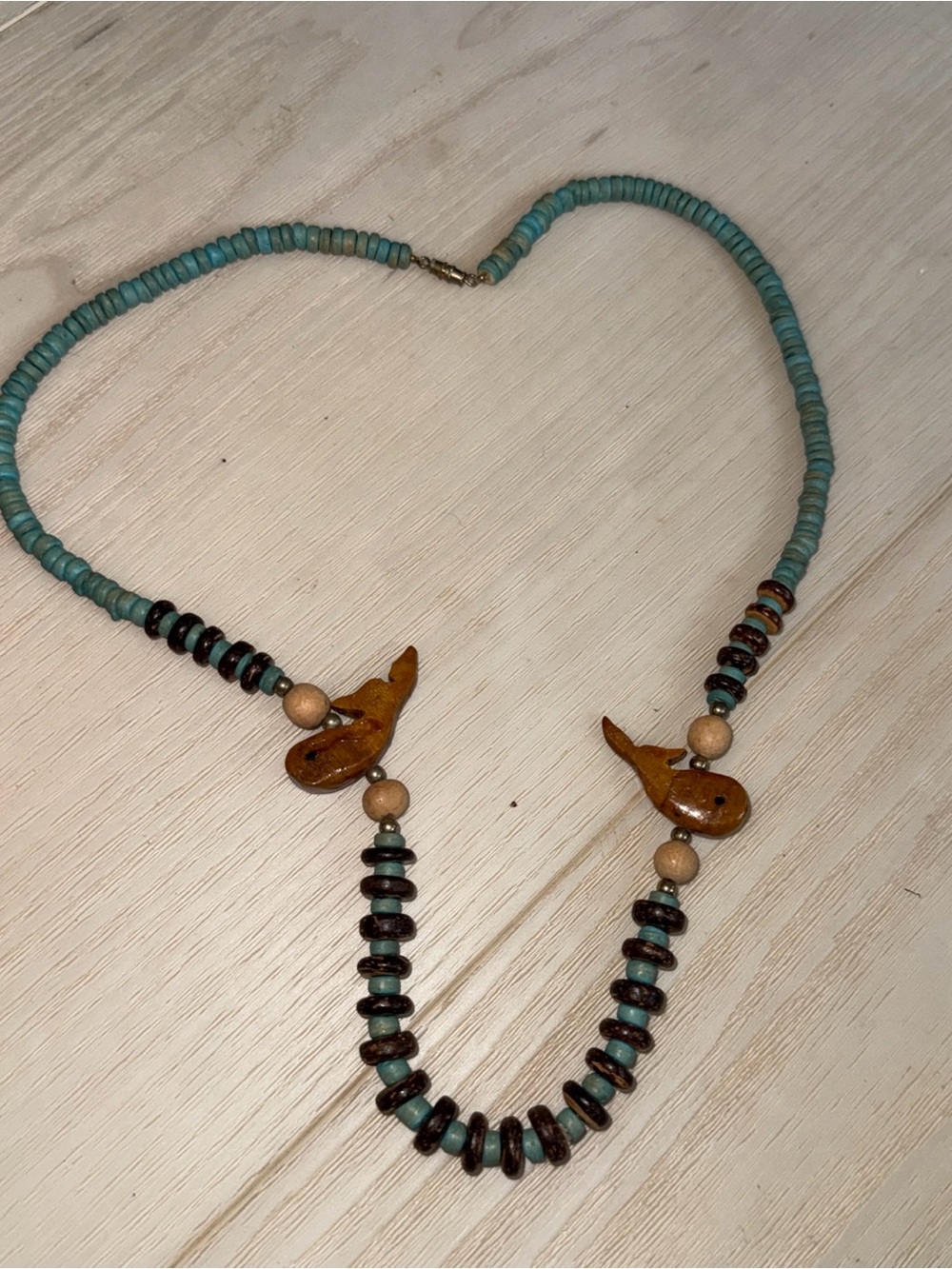 Native American Southwestern Turquoise Heishi Necklace With Wood Fish fetishes.